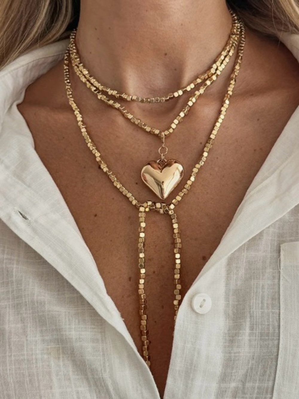 Gold Puffy Heart Pendant Necklace with Convertible Length Cubic Chain, Like New